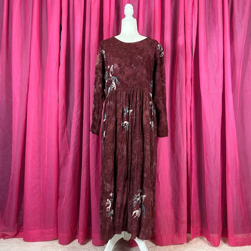 Global Village batik flute player novelty print maxi dress, size Large